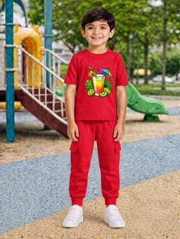 Palgrave - Red Printed Half Sleeves Mid Waist T- Shirt & Jogger