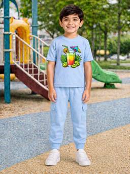 Palgrave - Blue Printed Half Sleeves Mid Waist T- Shirt & Jogger