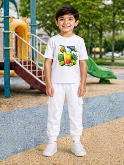 Palgrave - White Printed Half Sleeves Mid Waist T- Shirt & Jogger