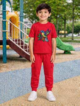 Palgrave - Red Printed Half Sleeves Mid Waist T- Shirt & Jogger