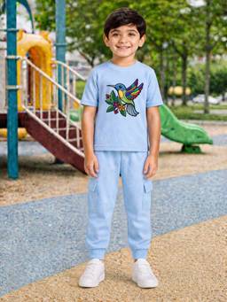 Palgrave - Blue Printed Half Sleeves Mid Waist T- Shirt & Jogger