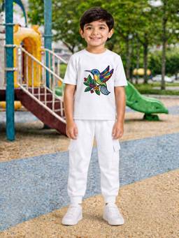 Palgrave - White Printed Half Sleeves Mid Waist T- Shirt & Jogger