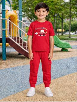 Palgrave - Red Printed Half Sleeves Mid Waist T- Shirt & Jogger