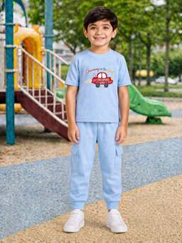 Palgrave - Blue Typography Half Sleeves Mid Waist T- Shirt & Jogger