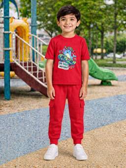 Palgrave - Red Printed Half Sleeves Mid Waist T- Shirt & Jogger