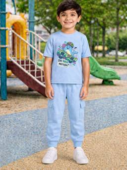 Palgrave - Blue Printed Half Sleeves Mid Waist T- Shirt & Jogger