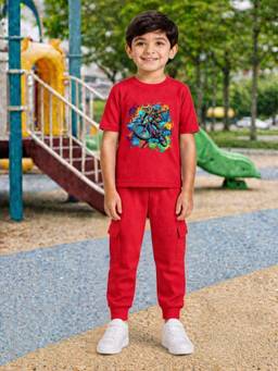 Palgrave - Red Printed Half Sleeves Mid Waist T- Shirt & Jogger