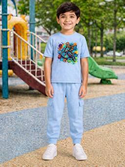 Palgrave - Blue Printed Half Sleeves Mid Waist T- Shirt & Jogger