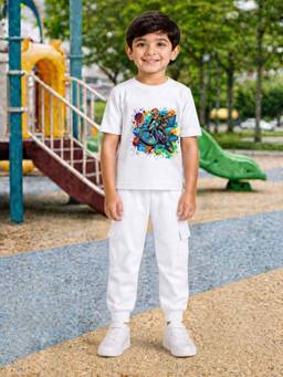 Palgrave - White Printed Half Sleeves Mid Waist T- Shirt & Jogger