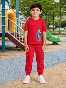 Palgrave - Red Printed Half Sleeves Mid Waist T- Shirt & Jogger