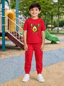 Palgrave - Red Printed Half Sleeves Mid Waist T- Shirt & Jogger