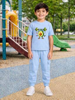 Palgrave - Blue Printed Half Sleeves Mid Waist T- Shirt & Jogger