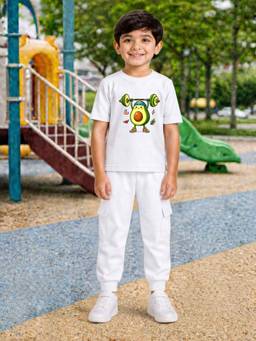 Palgrave - White Printed Half Sleeves Mid Waist T- Shirt & Jogger
