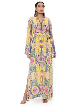 PS Pret by Payal Singhal - Yellow Enchanted Print Crepe Long Beyza Kaftan with Belt (Set of 2)