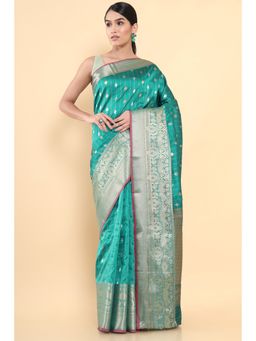 Soch - Women Blue Silk Woven Saree with Unstitched Blouse