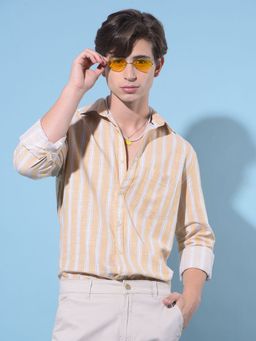CRIMSOUNE CLUB - Men Yellow Vertical Striped Cotton Shirt