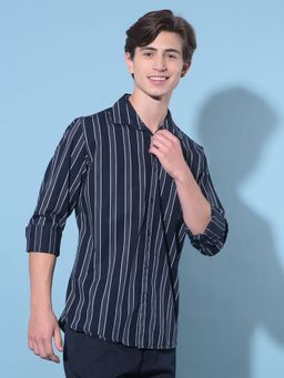 CRIMSOUNE CLUB - Men Black Vertical Striped Cotton Shirt