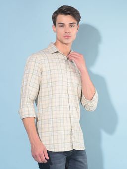 CRIMSOUNE CLUB - Men Beige Tartan Check Cotton Shirt