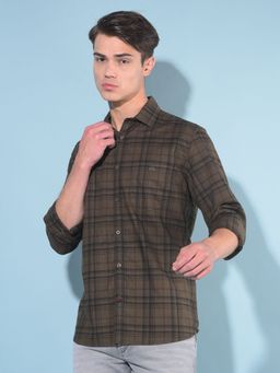 CRIMSOUNE CLUB - Men Olive Tartan Check Cotton Shirt
