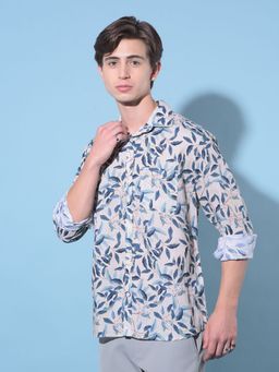 CRIMSOUNE CLUB - Men Beige Floral Print Linen Shirt