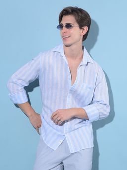 CRIMSOUNE CLUB - Men Blue Vertical Striped Linen Shirt
