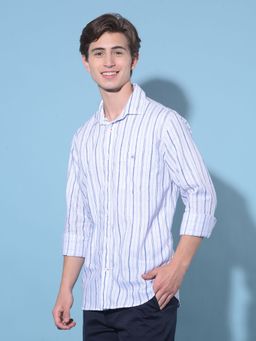 CRIMSOUNE CLUB - Men White Vertical Striped Cotton Shirt