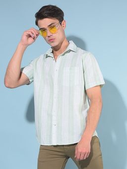 CRIMSOUNE CLUB - Men Green Vertical Striped Linen Shirt