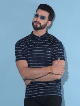 CRIMSOUNE CLUB - Men Navy Blue Horizontal Striped Cotton Polo T-Shirt