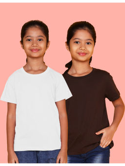 Nusyl - Girls White and Brown Solid Half Sleeve T-Shirts (Pack of 2)