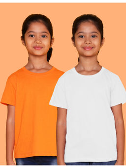 Nusyl - Girls White and Orange Solid Half Sleeve T-Shirts (Pack of 2)