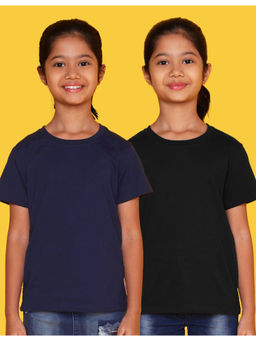 Nusyl - Girls Black and Navy Blue Solid Half Sleeve T-Shirts (Pack of 2)