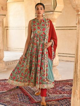 Janasya - Sea green Cotton Floral Block Print Kurta with Pant and Dupatta