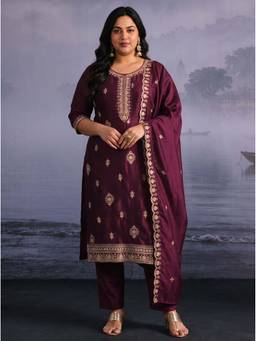 Extra love by Libas - Purple Embroidered Thread Work Kurta with Pant and Dupatta