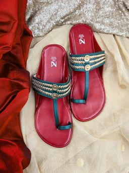 The Madras Trunk - Maroon Green Haiku Ruhi Braided Flat Kolhapuri