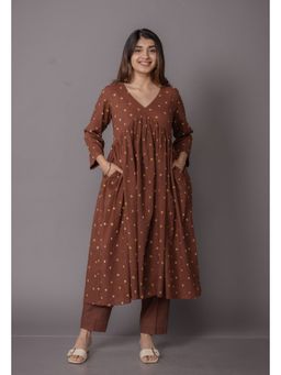 The Indian Ethnic Co. - Trupti Brown Bandhani Cotton A Line Kurta