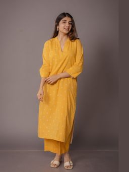 The Indian Ethnic Co. - Tanya Yellow Bandhani Cotton Straight Kurta