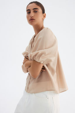 H&M - Women Beige Balloon-Sleeved Blouse