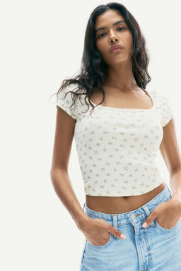 H&M - Women White Picot-Trimmed Ribbed T-Shirt