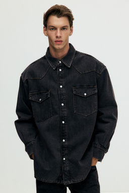 H&M - Men Black Oversized Fit Padded Denim Shirt