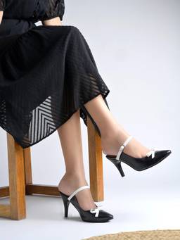 Shoetopia - Black and White Slingback Bow Detail Sandals Heels