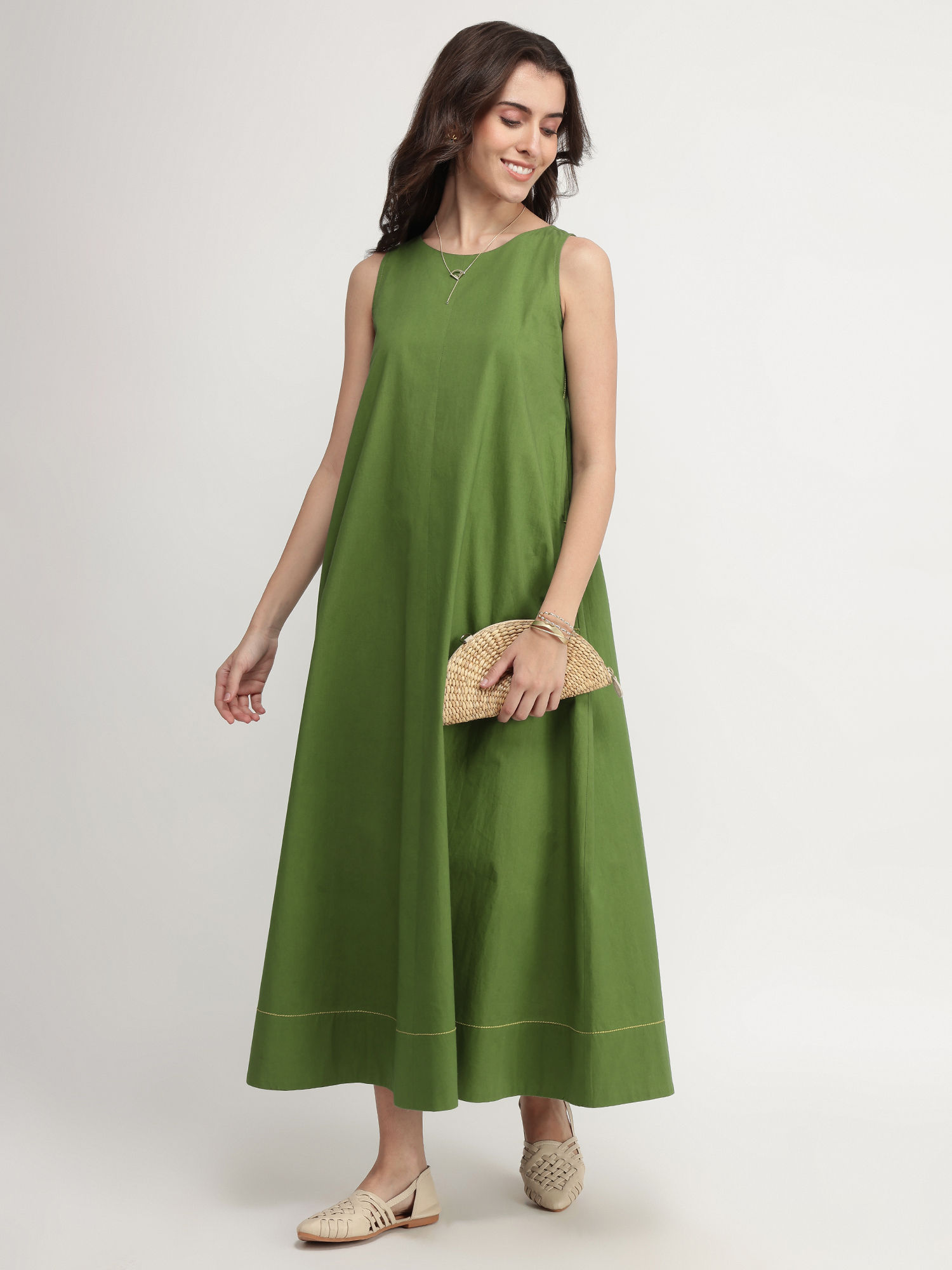 pink fort Cotton Solid A-Line Dress - Green-picture-34