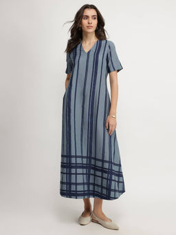 Pink Fort - Cotton Stripe Play A-Line Dress - Blue