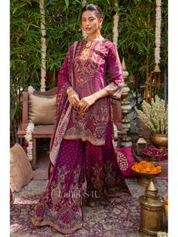 Label S4U - Wine Berry Goldline Printed Kurta with Sharara and Dupatta