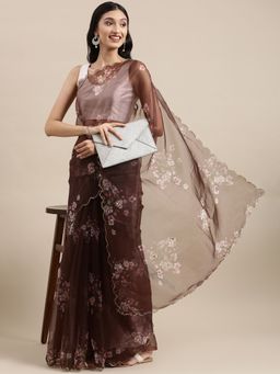 Vastranand - Brown Organza Party Wear Saree With Stone Mirror Work with Unstitched Blouse