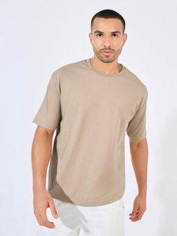 Styli - Men Beige Solid Cotton Rich Oversized T-Shirt