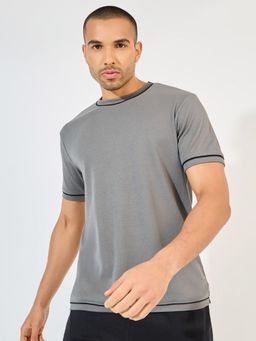 Styli - Men Grey Solid Regular Fit Piping Detail Interlock T-Shirt