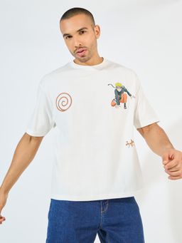 Styli - Men Cream Naruto Shippuden Graphic Character Oversized T-Shirt