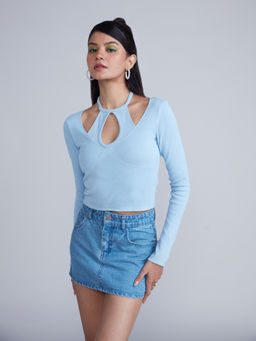 MIXT by Nykaa Fashion - Light Blue Full Sleeves Halter Top