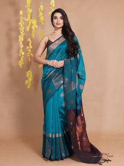 CHARUKRITI - Cerulean Blue Cotton Ethnic Zari Temple Borders Handwoven Saree with Unstitched Blouse