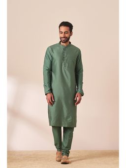 Manyavar - Green Art Silk Self Design Kurta with Pencil Pyjama (Set of 2)